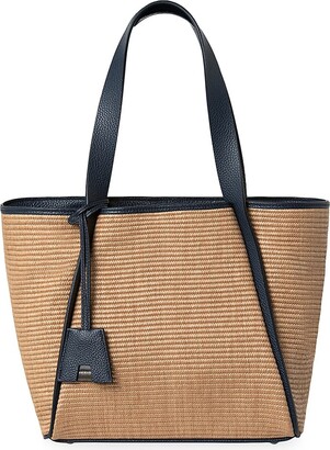 Leather-trimmed embroidered raffia tote