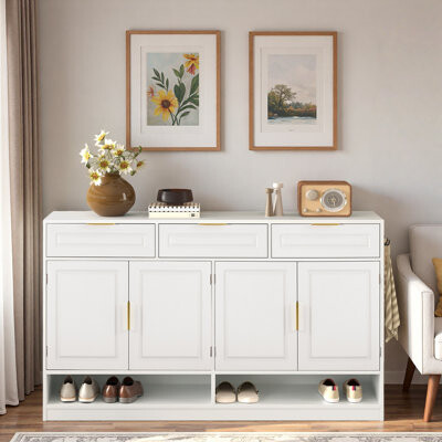 Ebern Designs Farmhouse Sideboard With 3 Drawers, 4 Doors, Adjustable Shelf And Open Storage Compartments