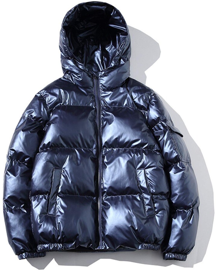 shiny blue puffer coat