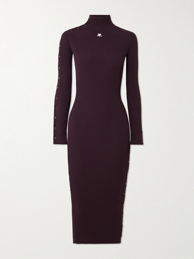 COURREGES - Embroidered Ribbed-knit Turtleneck Midi Dress - Burgundy