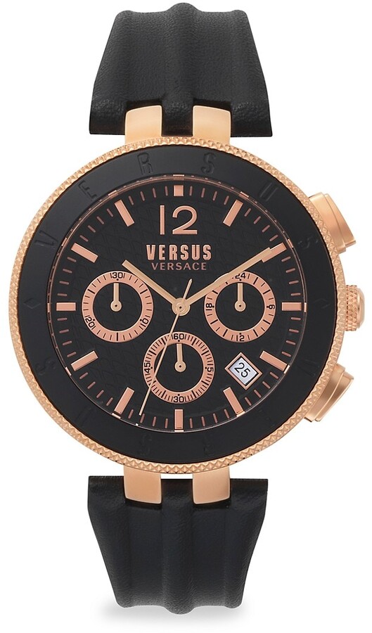 tack belasting een beetje Versus Versace Logo Gent Chrono Black Rosegold Stainless Steel  Leather-Strap Watch - ShopStyle
