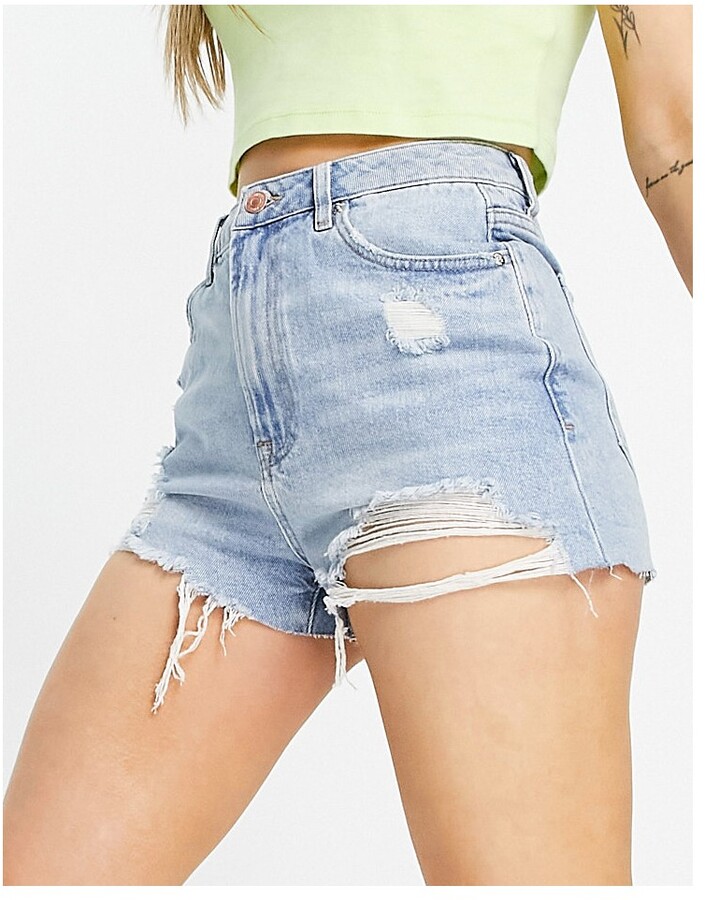 New Look extreme ripped mom short in mid blue - ShopStyle