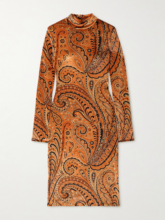 Etro - Paisley-print Velvet Turtleneck Midi Dress - Orange