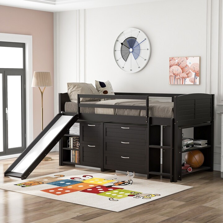 EYIW Low Twin Size Loft Bed with Drawers and Bookshelf, Pinewood Frame