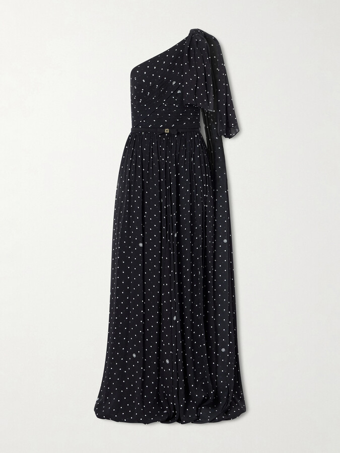 Elie Saab One-shoulder Polka-dot Chiffon Gown - Black