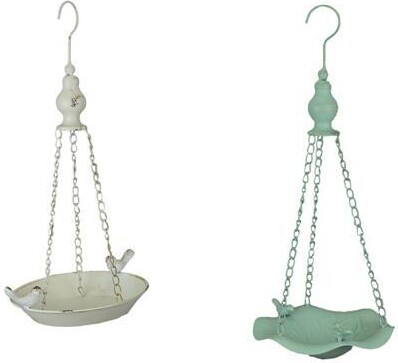 Transpac White and Green Metal Hanging Bird Feeder Outdoor Decorative Seed Tray Garden Decor