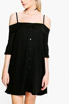 boohoo Ivy Frill Cold Shoulder Button Down Shift Dress