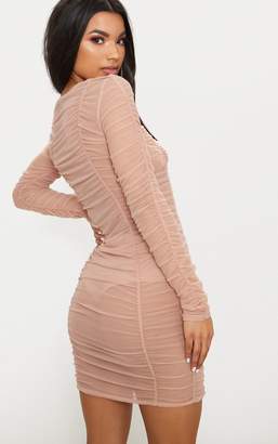 PrettyLittleThing Nude Sheer Mesh Ruched Long Sleeve Bodycon Dress