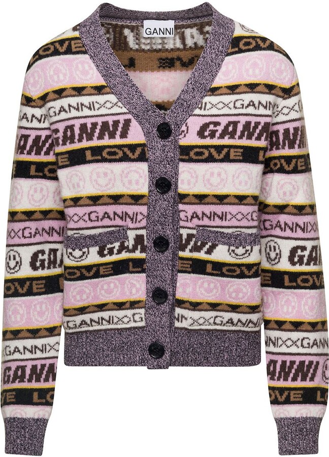 Ganni Multicolor Cardigan with Graphic Print All-Over in Wool Blend Woman -  ShopStyle