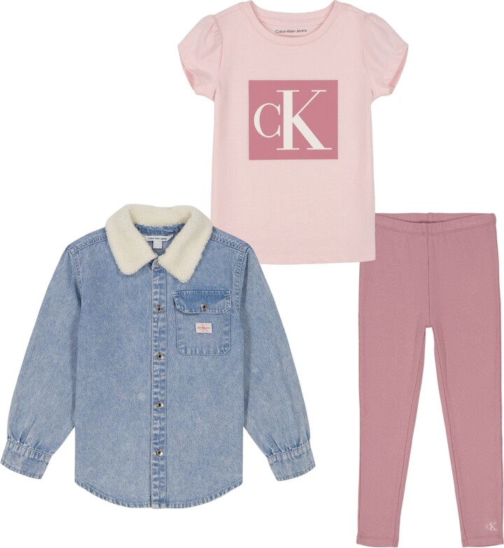 Calvin Klein Toddler and Little Girls Sherpa-Trim Denim Shacket, Short Sleeve Monogram Tee Ribbed Leggings, 3-Piece Set - Mary's Rose/Foxglove