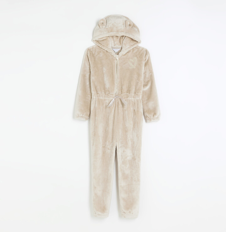 River Island Girls Beige Bear Hooded Cosy Onesie ShopStyle