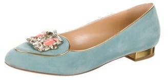 Charlotte Olympia Suede Leather Trim Embellishment Flats Blue