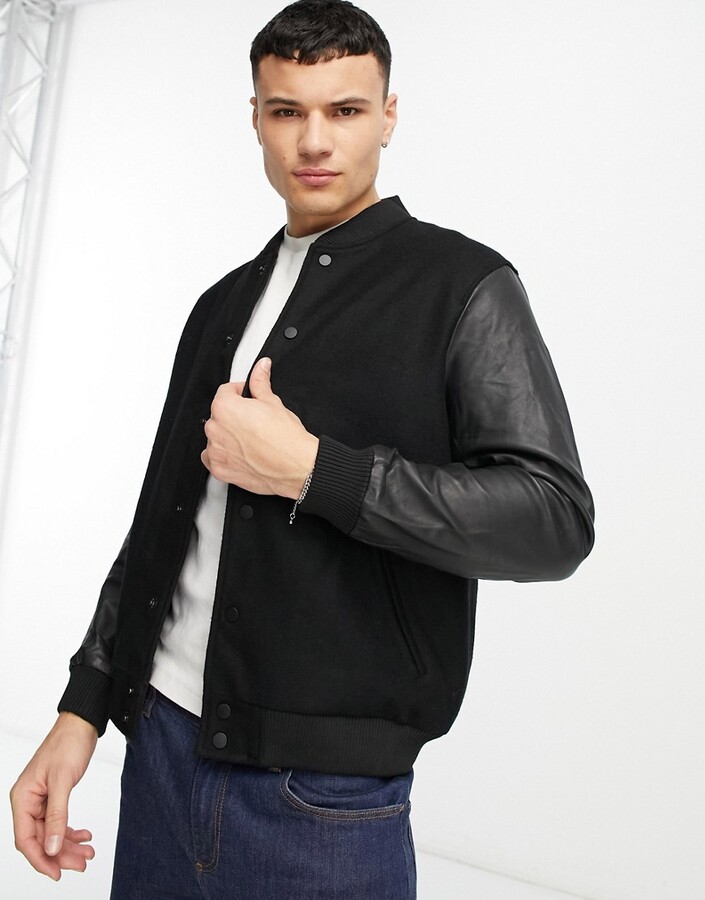 Barneys Originals bomber jacket with leather sleeves in black - ShopStyle