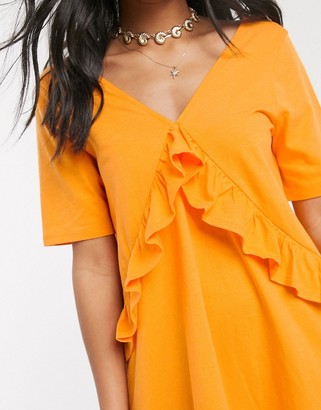ASOS DESIGN v front frill seam smock dress in tangerine