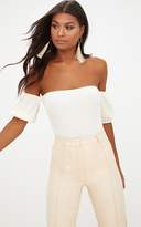 Thumbnail for your product : PrettyLittleThing Sand Bardot Rib Puff Sleeve Thong Bodysuit