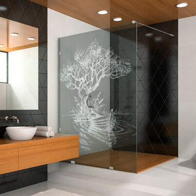 27-1/2 In W x 75 In H Elegant Tempered Glass Shower Screen with Laser Design