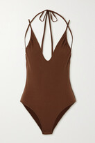 Thumbnail for your product : ZEYNEP ARCAY Tie-detailed Gathered Stretch-knit Bodysuit - Brown