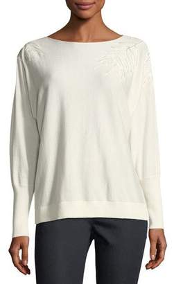 Lafayette 148 New York Cashmere-Blend Leaf-Embroidered Sweater