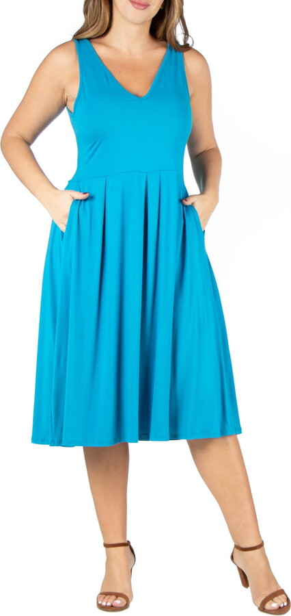24seven Comfort Apparel Plus Size Sleeveless Midi Fit and Flare Pocket Dress