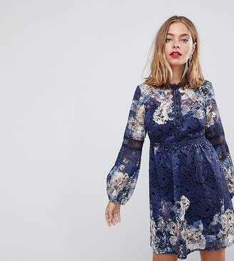 Little Mistress Petite All Over Lace Skater Dress In Navy Floral Print