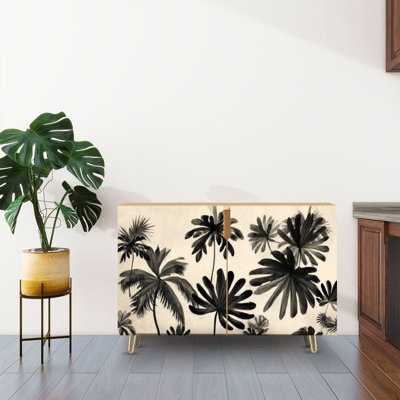 Sideboard Buffet Cabinet with Storage Watercolor Botanical Leaf Black White Tropical Plants Palm Trees Fan with 2 Doors for Living Room and Kitchen
