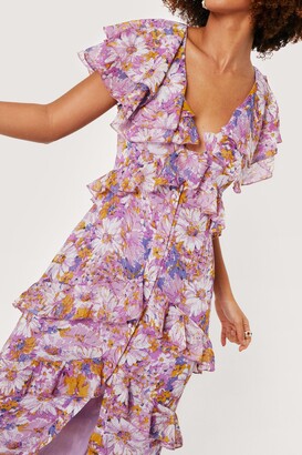 Nasty Gal Womens Floral Print Button Down Ruffle Maxi Dress