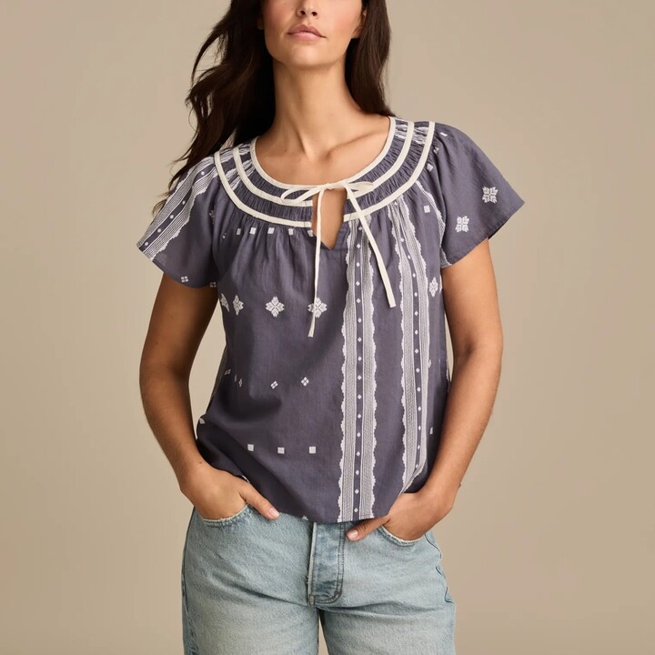 Lucky Brand Short Sleeve Peasant Blouse Women's Clothing Peasant