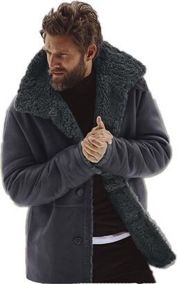Suncolour Men's Suede Fleece Lined Jacket Mens Faux Fur Long Shearling  Duffle Coat with Polo Collar - ShopStyle