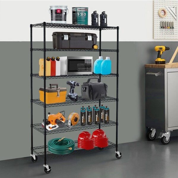 BestMassage6-TierAdjustableMetalShelfWireShelvingUnitStoragewithWheelsSpace-SavingOrganizationSolutionforGarageBasementBlack