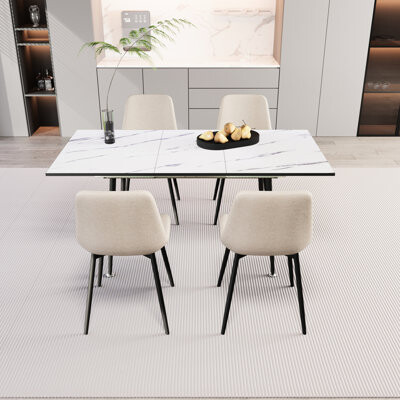 47"-63" Extendable Dining Table And Chair , , 2-6 People, White Table, Beige Chairs, Metal Base, Simple Fashionable Arrangement, Modern With Linen Cha