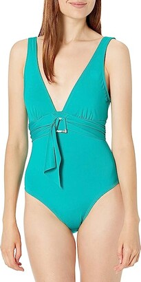 Kenneth Cole Women's Plunge Knot Tie Front Mio One Piece Swimsuit (Forest/Knot an Option) Women's Swimsuits One Piece