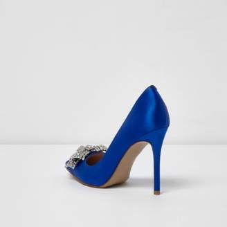 River Island Womens Blue satin diamante bow court shoes