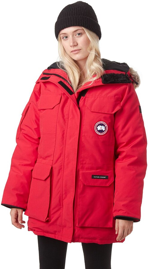 red parka with fur hood