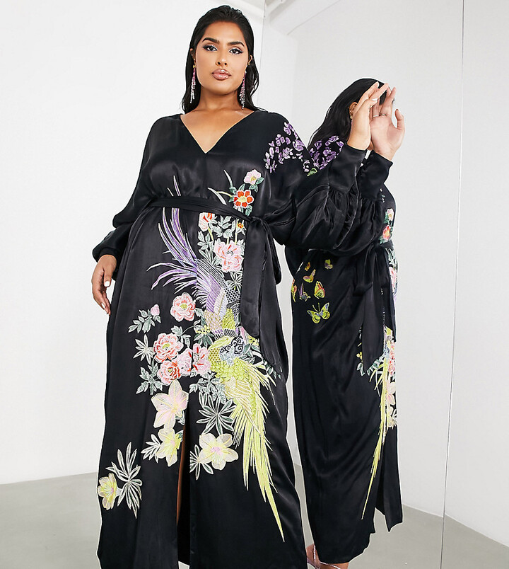 ASOS EDITION Curve v neck statement floral and phoenix dress with tie in  black - ShopStyle