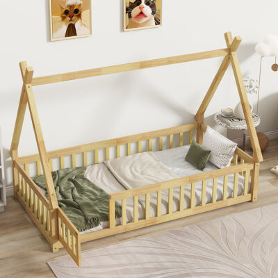 Harper Orchard Twin Teepee Floor Bed with Guardrails, Slats & Tent Design, Natural Wooden Kids Bed