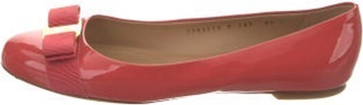 Ferragamo Patent Leather Ballet Flats Red Semi-Pointed Toes with Bow Accents