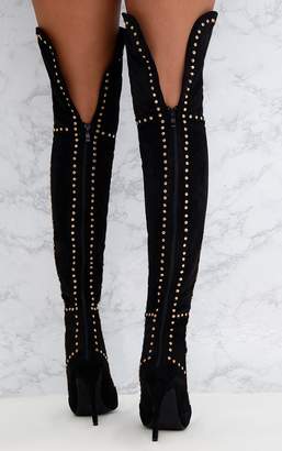 PrettyLittleThing Black Faux Suede Studded Thigh High Boots