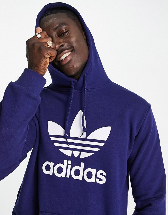 adidas adicolor large trefoil hoodie in navy - ShopStyle