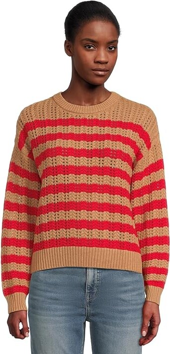 Lilla P Stripe Stitch Sweater Women's Sweater Acorn/Scarlet : LG, Cotton/Polyester
