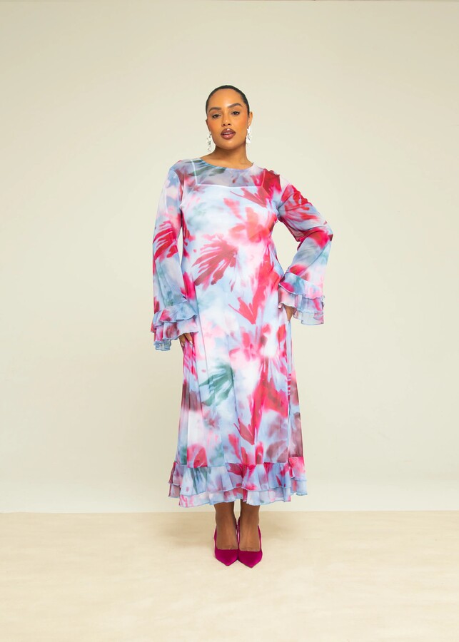 FASHION-SZN CURVE Blurred Floral Mesh Maxi Dress