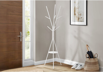 Monarch Specialties Inc. Coat Rack, 72"h, Bedroom, Entryway, Free Standing, Hall Tree, 6 Hooks, White Metal, Contemporary, Modern
