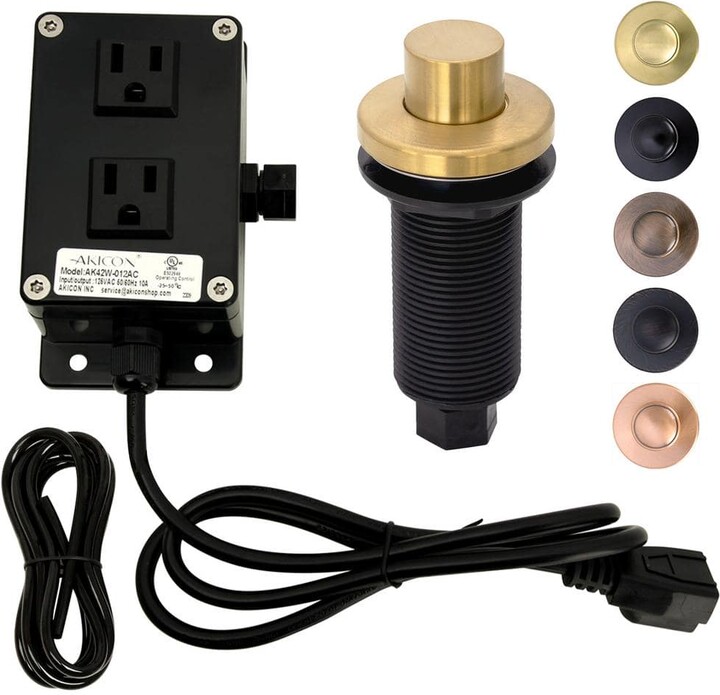 Akicon Garbage Disposal Air Switch Kit, Dual Outlet, Solid Brass Button, Brushed Gold Long Button Air Switch - AK79003B
