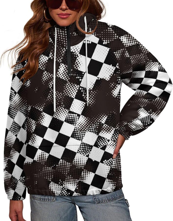 Generic Grungy Style Black Checkered Womens Casual Sweatshirts Drawstring Loose Pullover Tops Quarter Zipper Hoodies 3XL