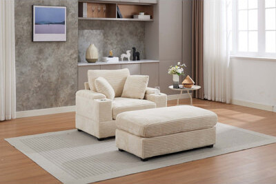 Corduroy Upholstered Chaise Lounge Sofa with Handrail Storage, Movable Ottoman, and Cupholders for Comfortable Living and Office Relaxation
