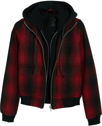 R 13 Hooded plaid woven bomber jacket
