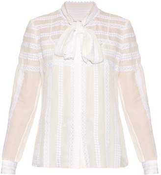 Oscar de la Renta Long Sleeved Lace Trimmed Silk Blouse - Womens - White