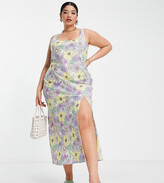 Thumbnail for your product : ASOS DESIGN Curve linen scoop neck maxi sundress with split in retro floral