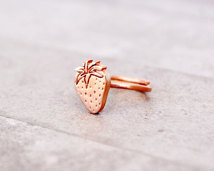 Handmade Strawberry Ring - Adjustable Sterling Silver Fruit Jewelry