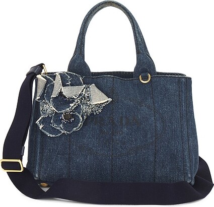 FWRD Renew Prada Denim Canapa Flower Handbag