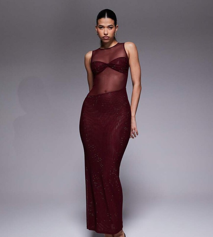 The Frolic exclusive high neck sleeveless hot fix sheer insert maxi dress in burgundy